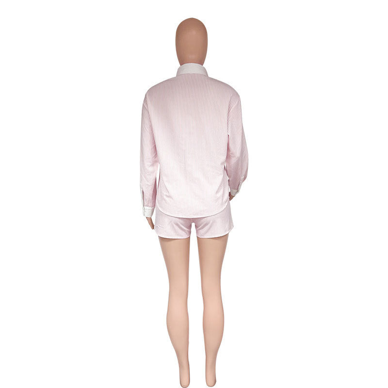 Summer Turndown Collar Long Sleeve Striped Shirt Elastic Waist Shorts Two-Piece Set 13