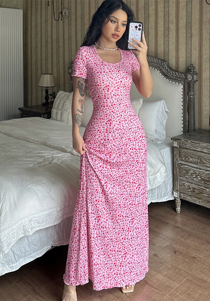 Women Summer Printed U-neck Lace-Up Short Sleeve Dress