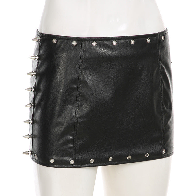 Women's clothing rivet punk sexy  pu Leather mini skirt 10