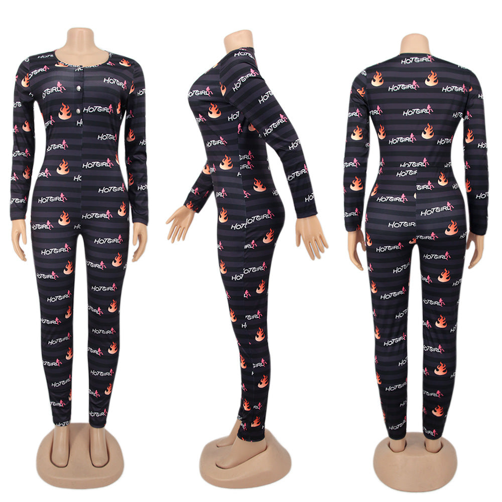 Women Round Neck Long Sleeve Printed Jumpsuit 11