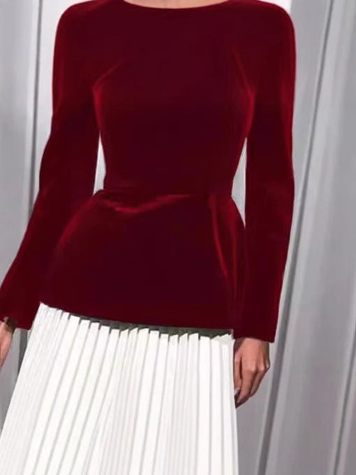 Women Square Neck Colorblock Pleated Velvet Dress