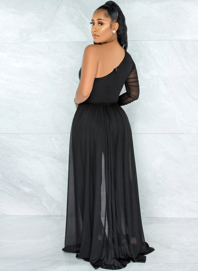Women Summer Black Romantic Slash Neck Full Sleeves Solid Mesh Ripped Full Length Regular Jumpsuit