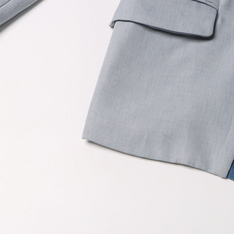 Women Autumn and Winter Fake Two Piece Patchwork Denim Blazer 15