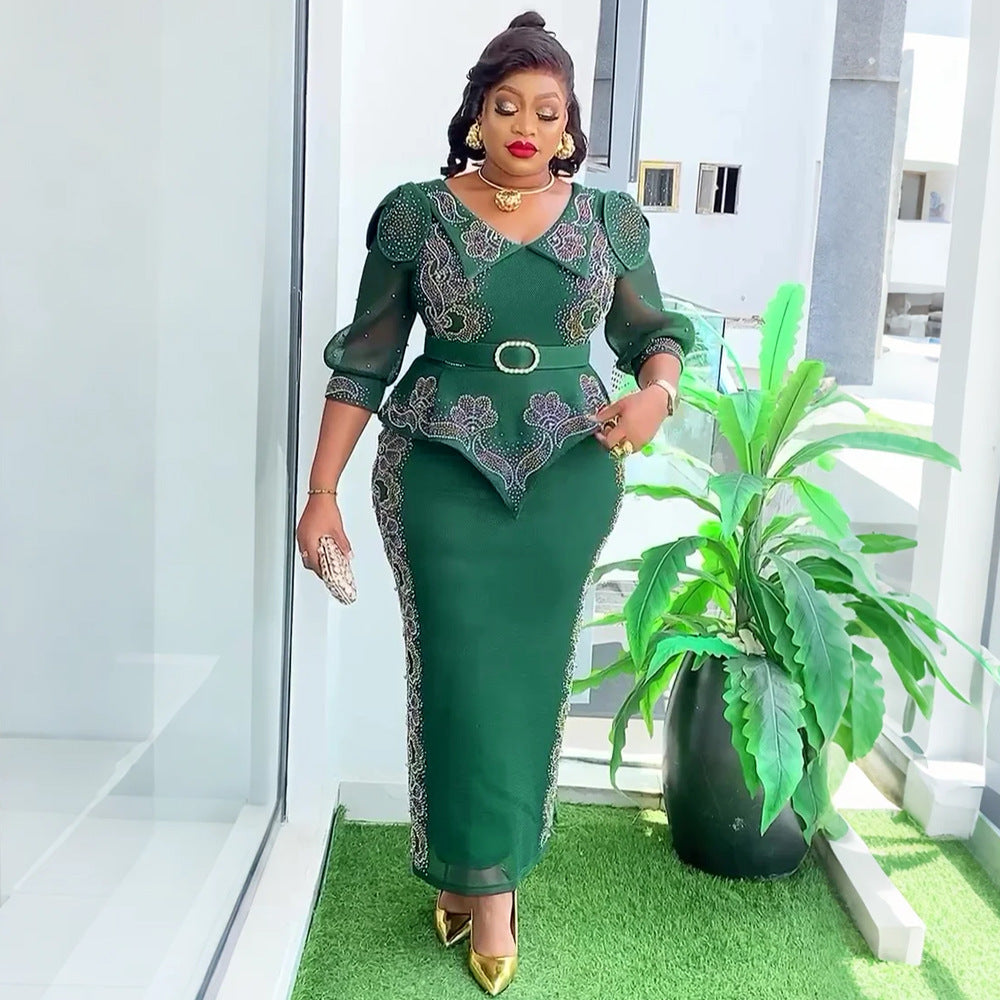 Plus Size African Women beaded party dress 3