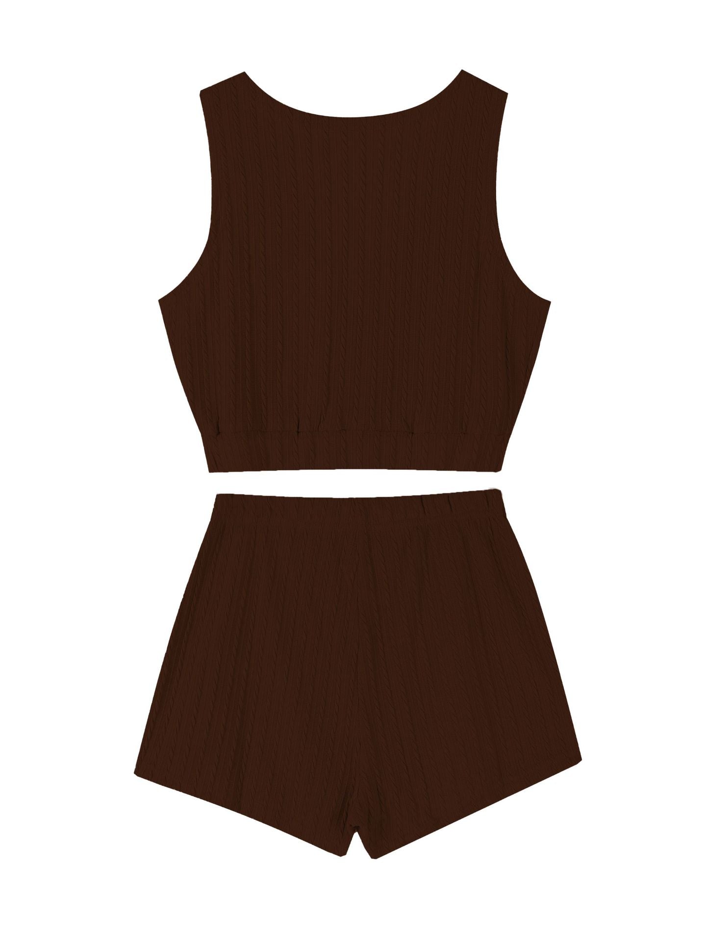 Women Summer Fashion Solid Ribbed Bubble Jacquard Vest And Shorts Two-piece Set 14
