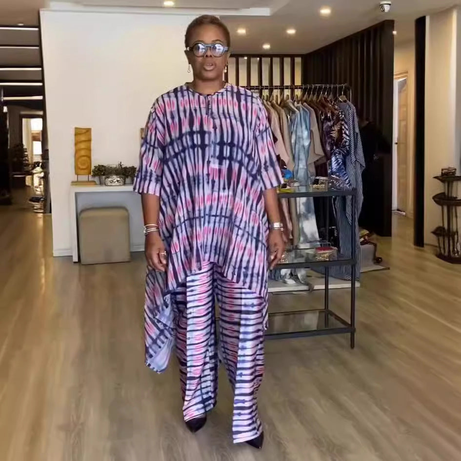 Women printed irregular Top and wide-leg Pant two-piece set