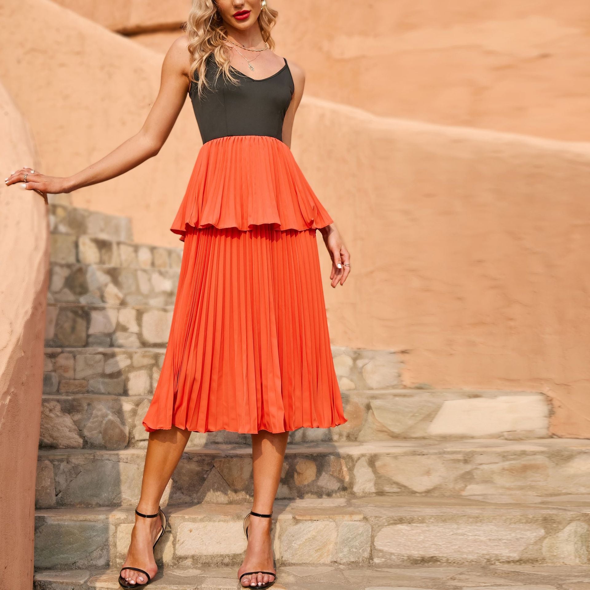 Women sexy sleeveless suspender pleated skirt 7