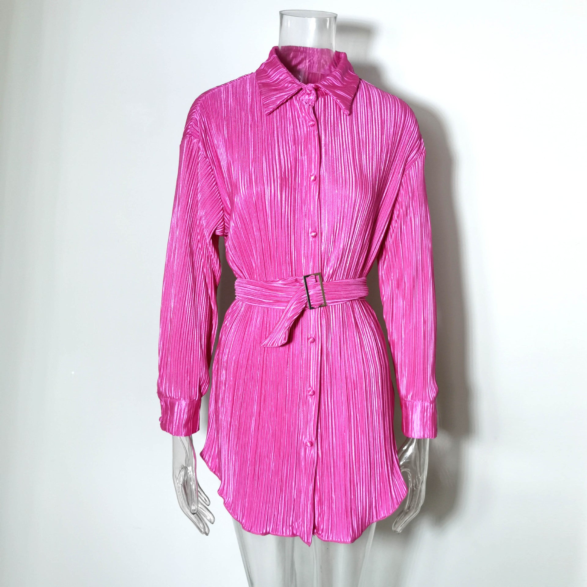 Women Pleated Long Sleeve Belted Shirt Dress 26