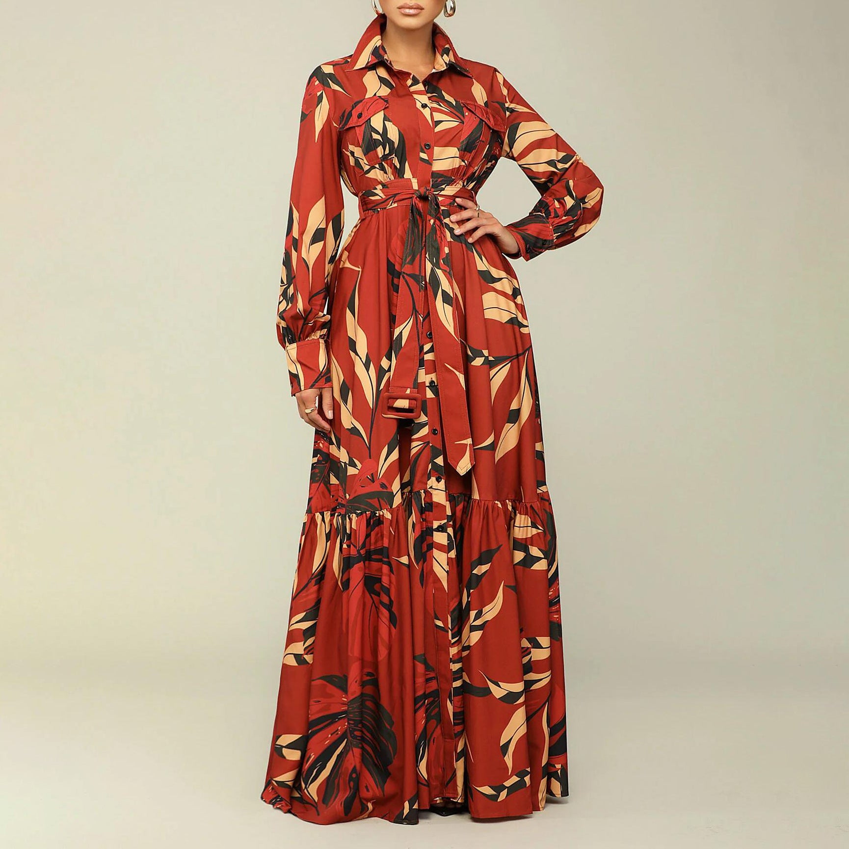 Women's Autumn Turndown Collar Belted Fashion Printed Long Sleeve Shirt Dress Long Dress 8