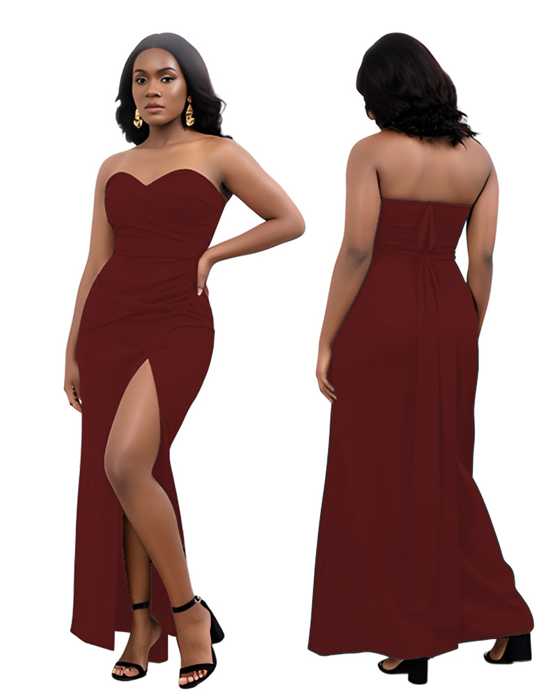 Solid Color Strapless Slit Long Dress 3