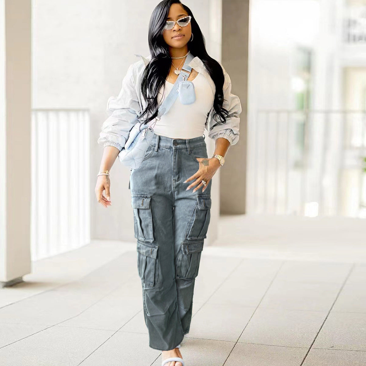 Pocket Cargo Washed Denim Pants Wide Leg Women Jeans 5