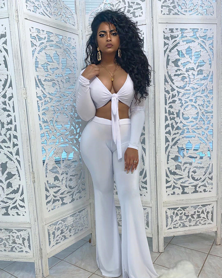 Sexy Elastic Casual Bell Bottom Trousers Low-Cut lace-up top set 3