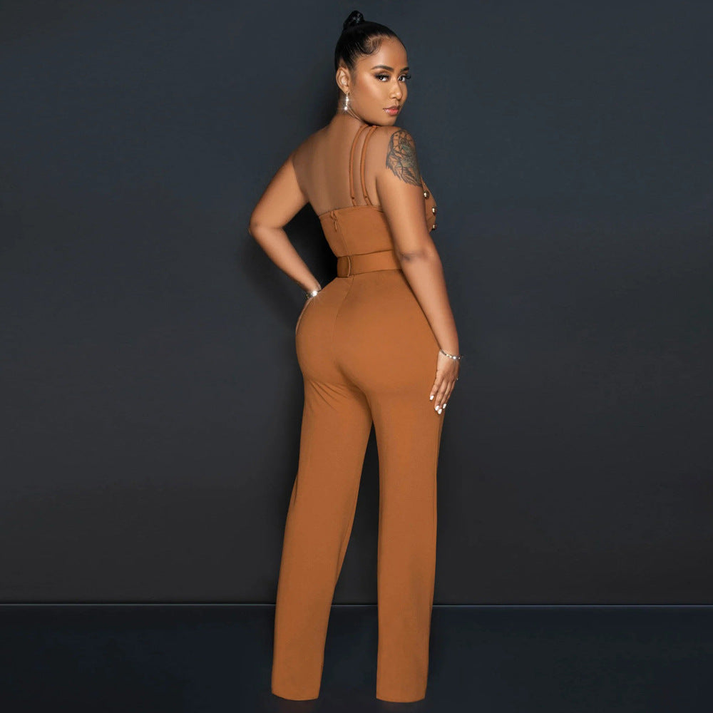 Women's Style Fashionable Solid Color Jumpsuit Slim One Shoulder One Piece Wide Leg Pants 21