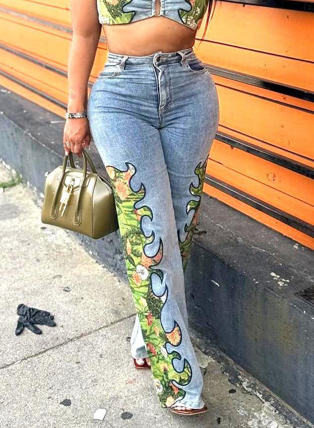 Women Sexy Floral Stretch Wrap Top and Denim Pants Two-Piece Set 3