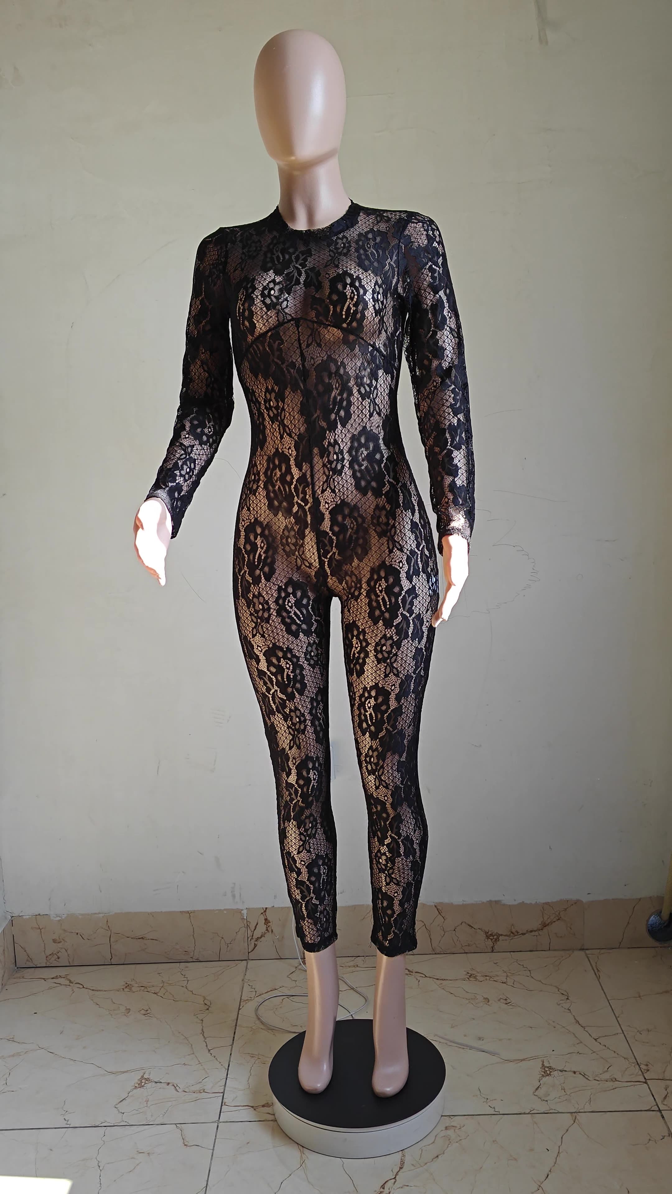 Women Spring Long Sleeve Lace Backless Jumpsuit 5