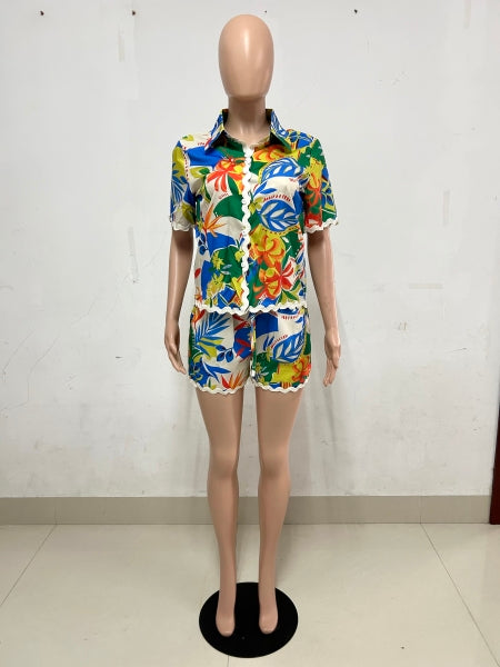 Women casual print wave lace short-sleeved shirt and shorts two-piece set 7