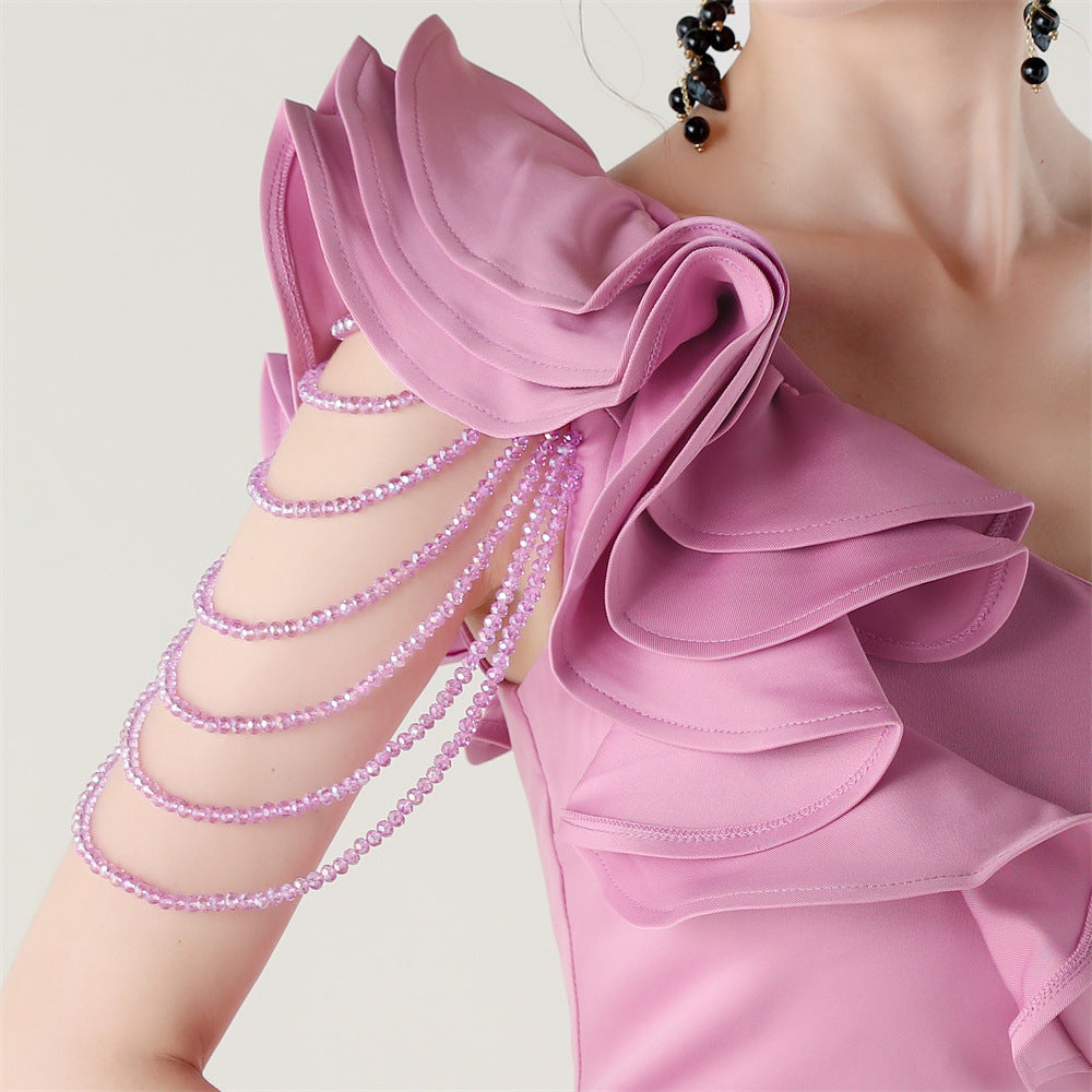 Women One-Shoulder Beaded Wool and Floral Satin Slit Sexy Evening Dress 87