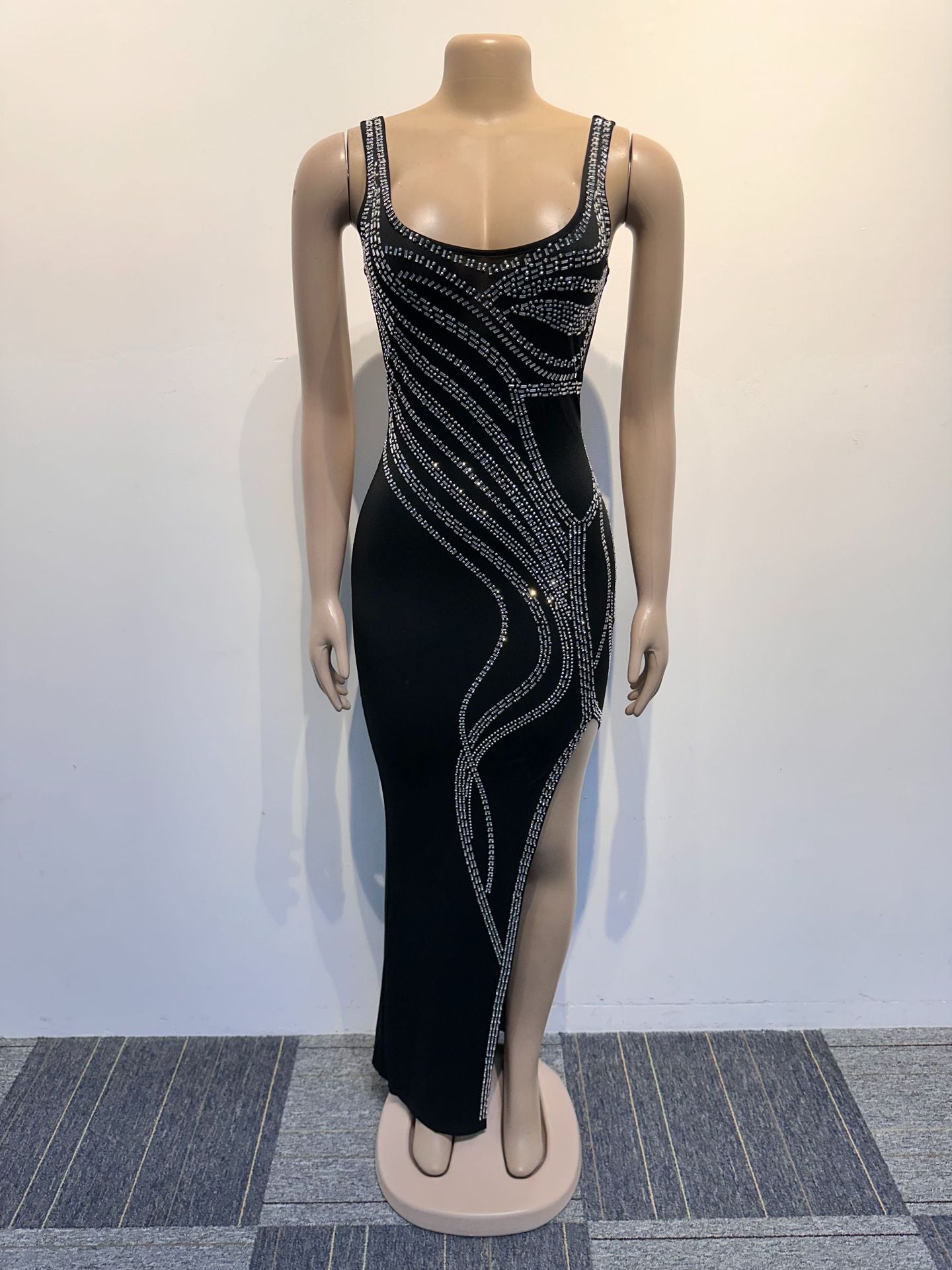 Women Sexy Beaded Sleeveless Bodycon Slit Dress 11