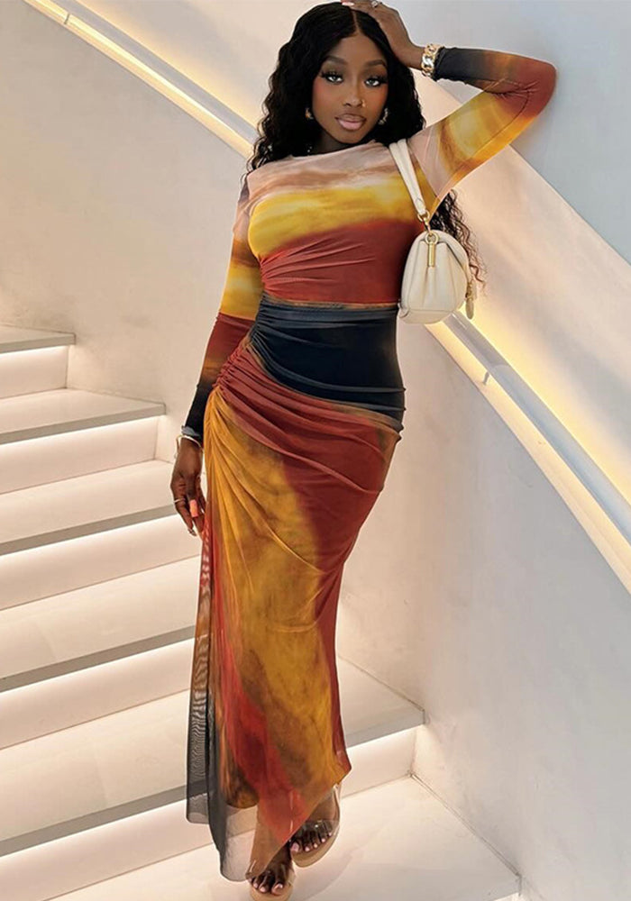 Women's Fashion Printed Round Neck Long Sleeve Split Pleated Trend Dress