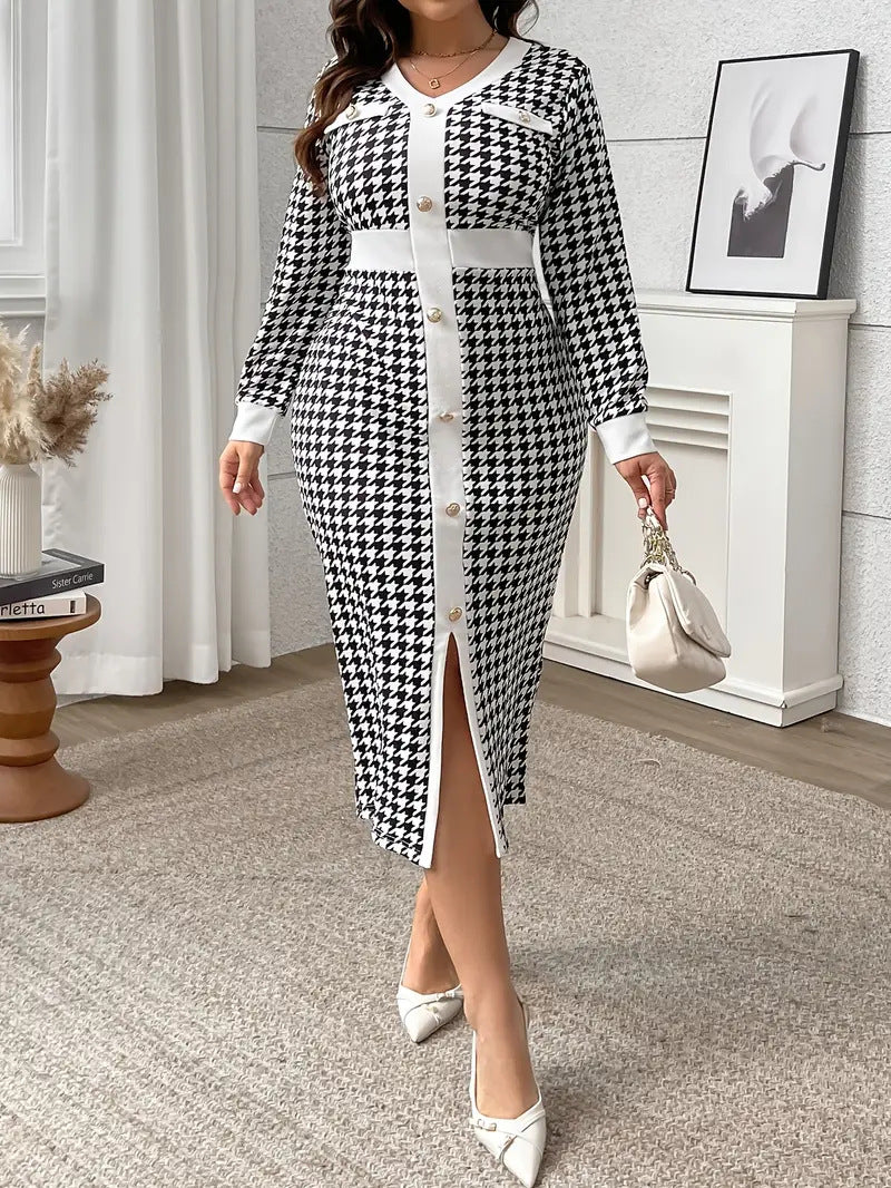 Plus Size Women Casual Long Sleeve Contrast Houndstooth Print Dress 6