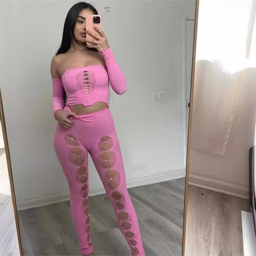 Spring Solid Off Shoulder Long Sleeve Crop Top Ripped Tight Fitting Pant Sexy Two Piece Set 5
