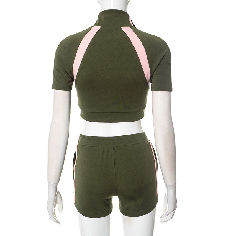 Women spring and summer Turndown Collar Zipper contrast color Top and sports shorts two-piece set 12