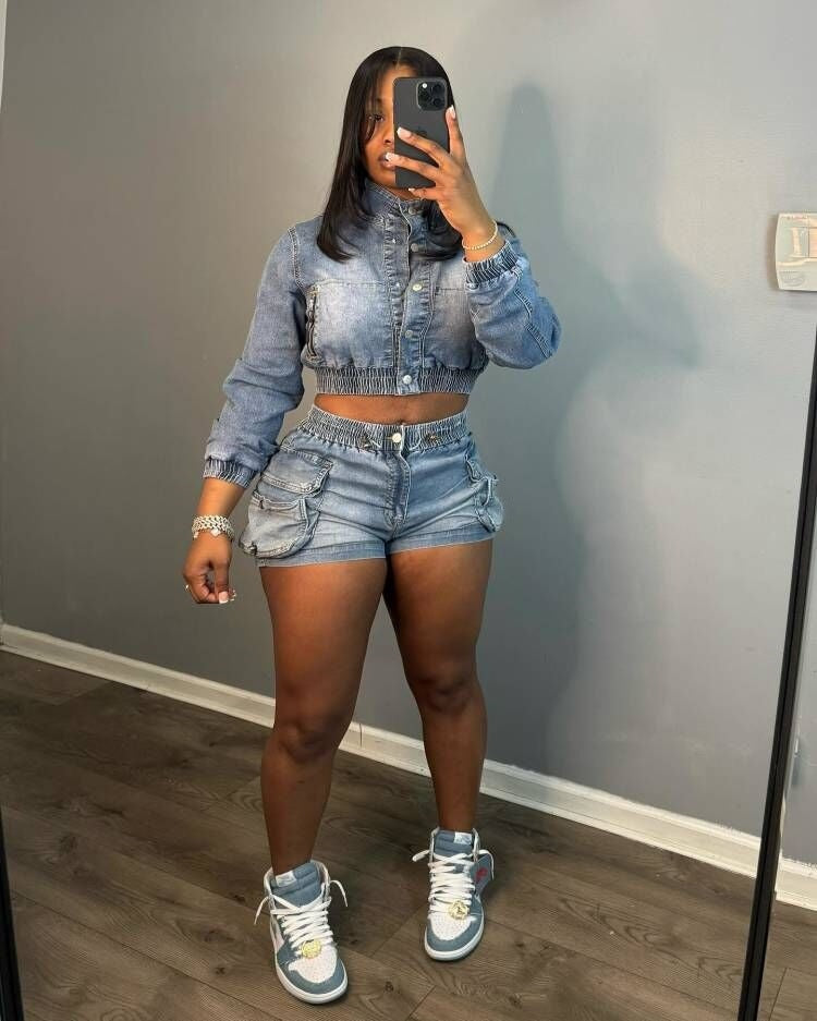 Summer elastic Denim slim fashion long sleeve two piece shorts set