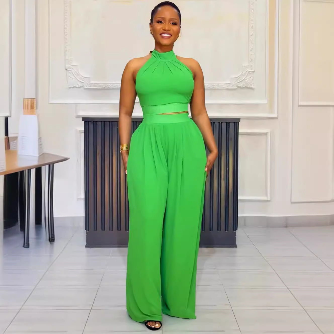 Women Sexy Pleated Sleeveless Top Wide Leg Pants Two-piece Set 5