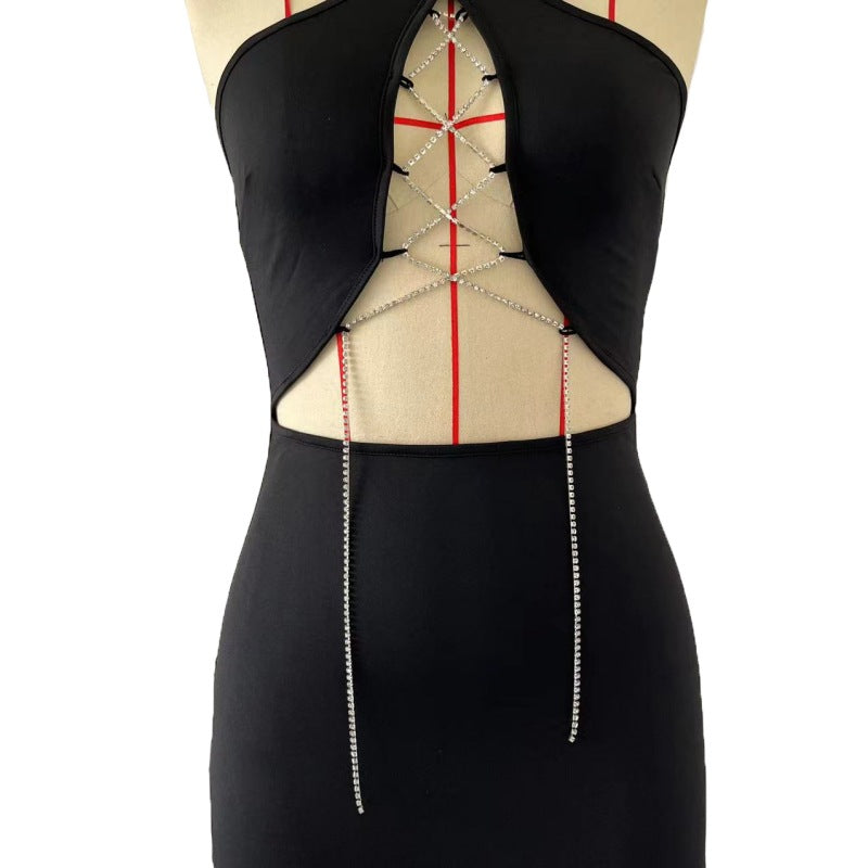 Women Halter Neck Bodycon Sexy Diamond Chain Lace-Up Dress 12