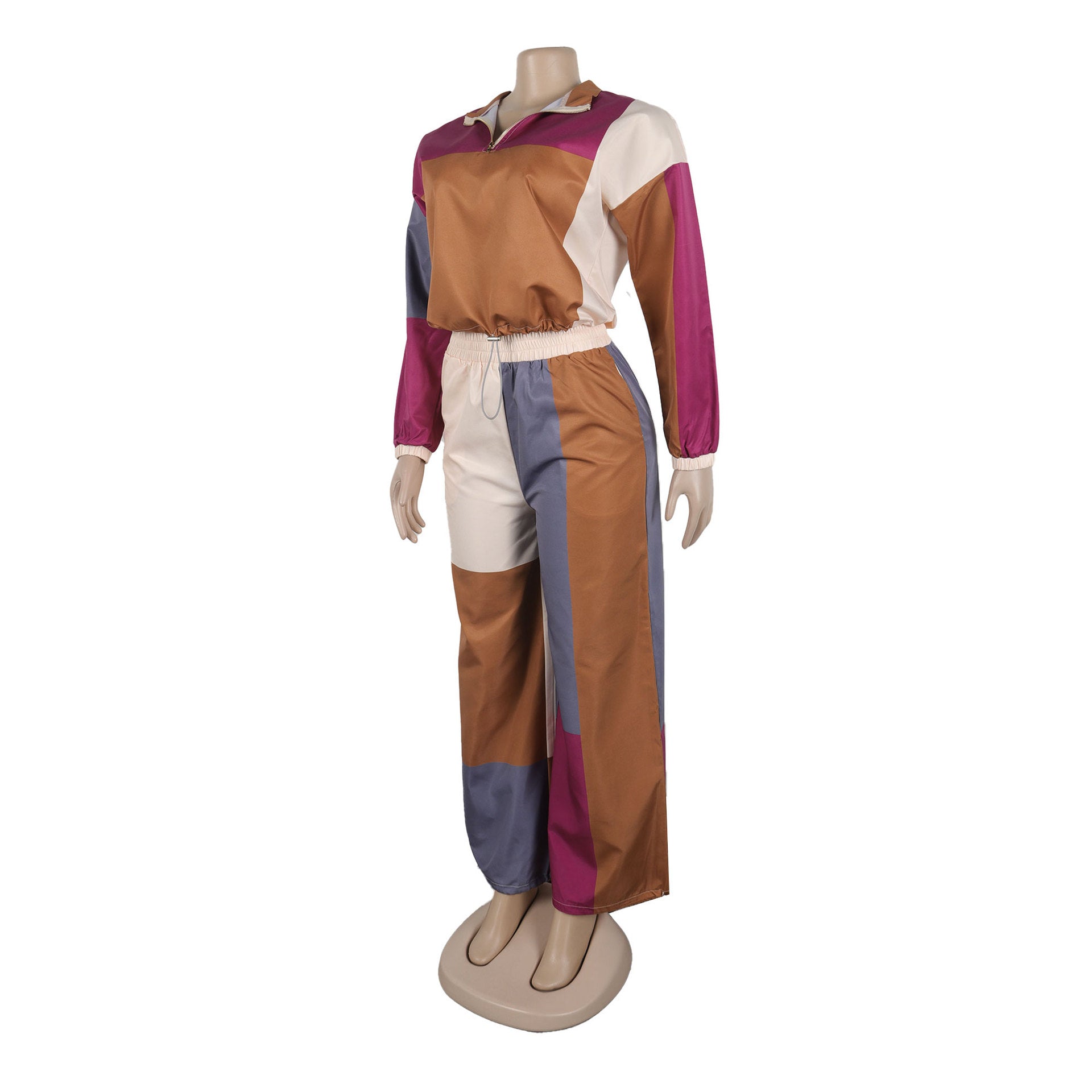 Sexy Sports Color Block Print Zipper Drawstring Design Two-Piece Pants Set 7