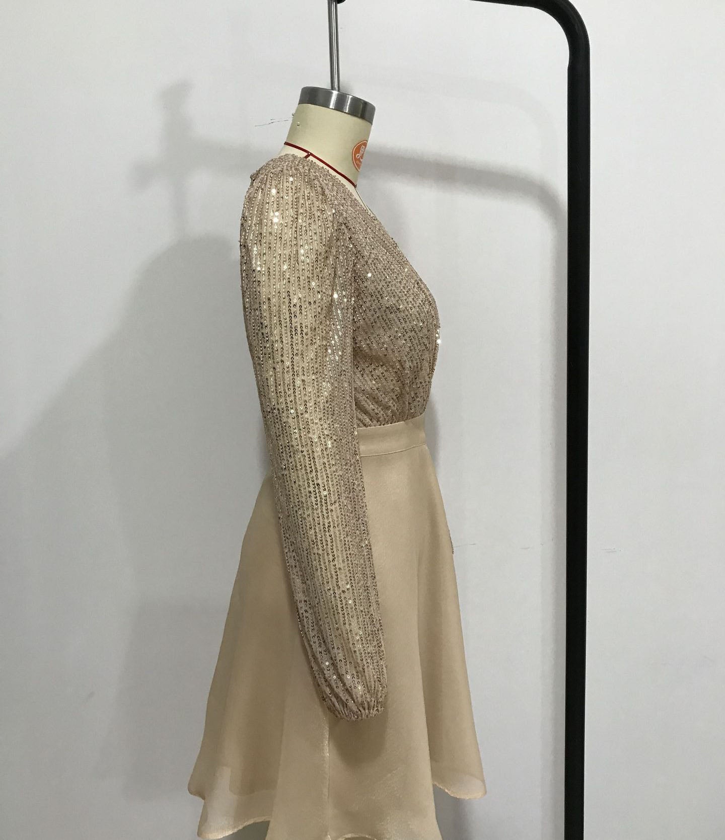 Deep V Sexy Sweet Sequin Patchwork Mesh Long Sleeve Short A-Line Party Dress 11