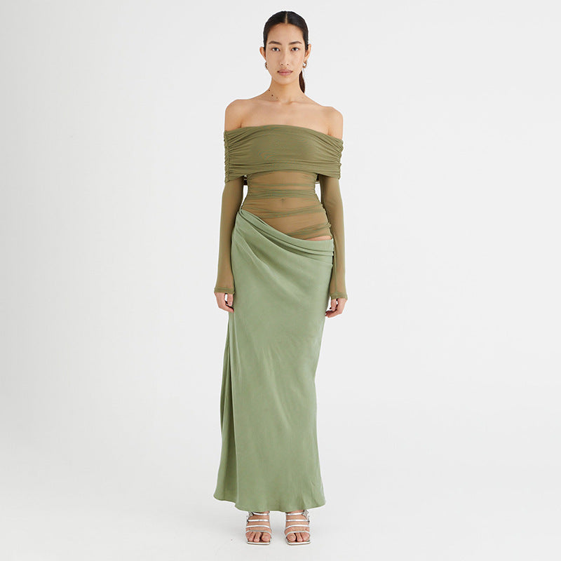 Women Summer Off Shoulder Long Sleeve Cut Out Patchwork Dress 5