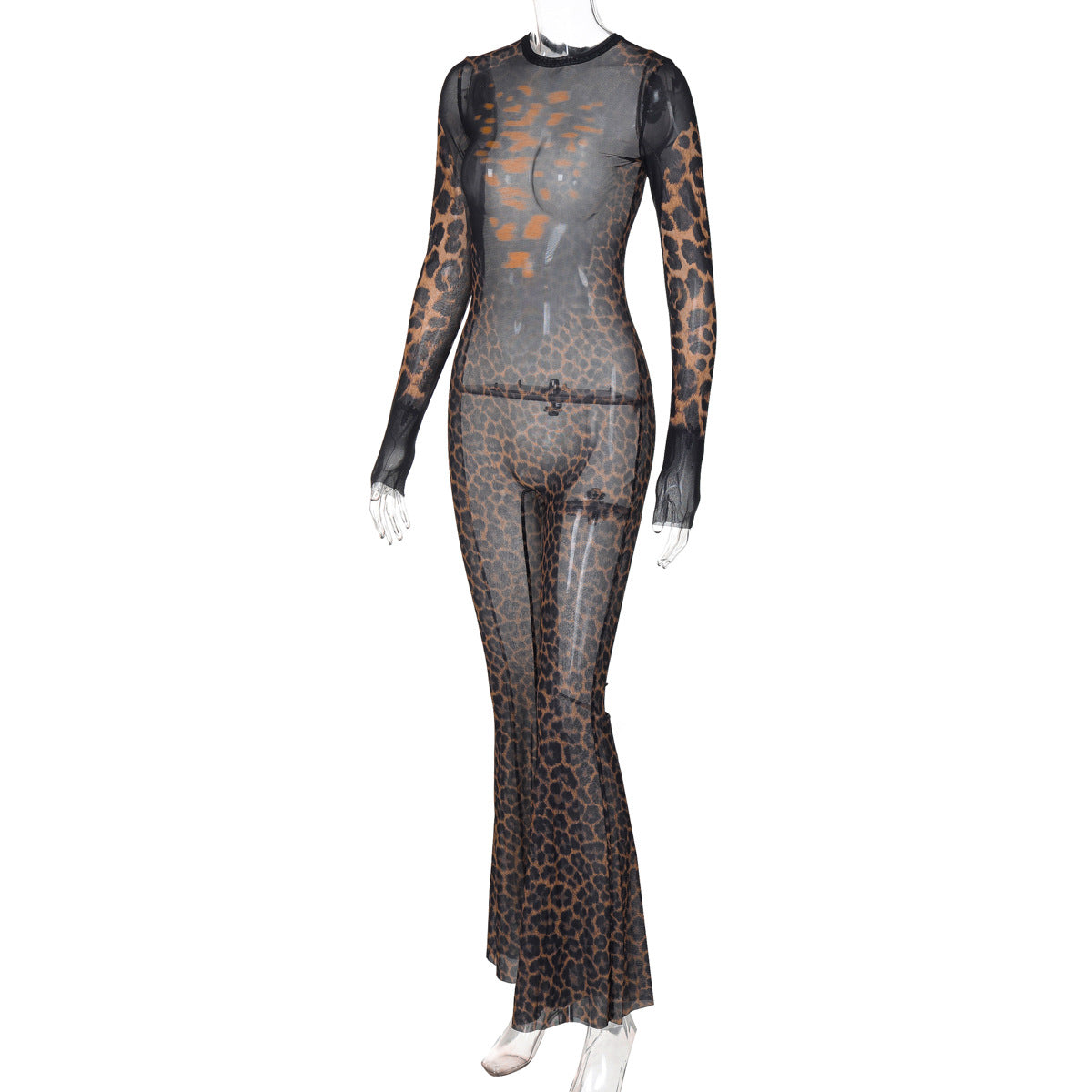 Women Mesh See-Through Sexy Jumpsuit Winter Long Sleeve Print Bell Bottom Pants 7