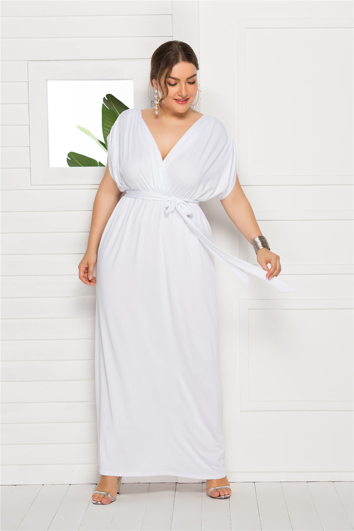 Plus Size Women'S Sexy Solid Color V-Neck Loose Swing Dress 8
