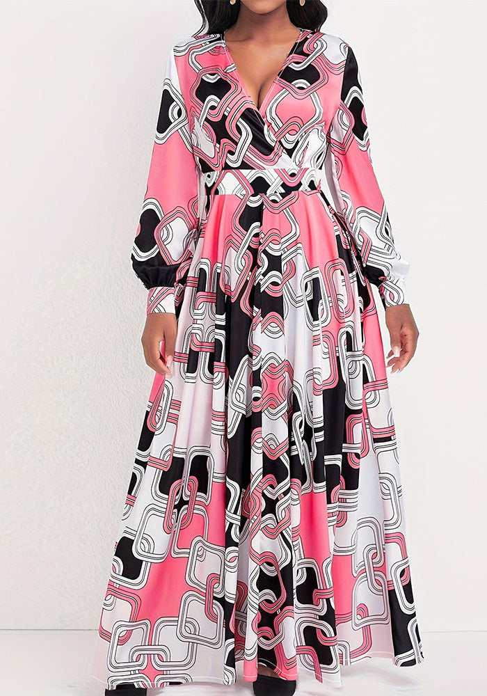 Women elegant printed v-neck beltless dress