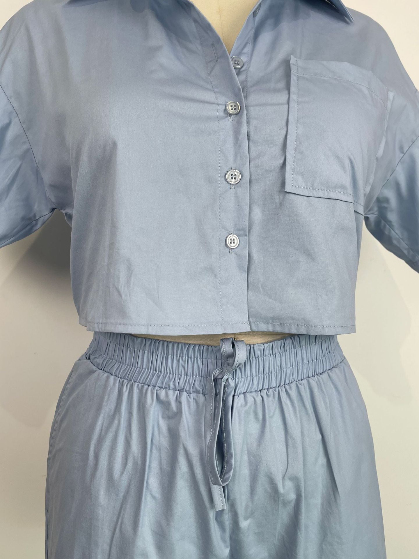 Ladies Short Sleeve Shirt Set Elastic Pocket Shorts Two-Piece Set 21