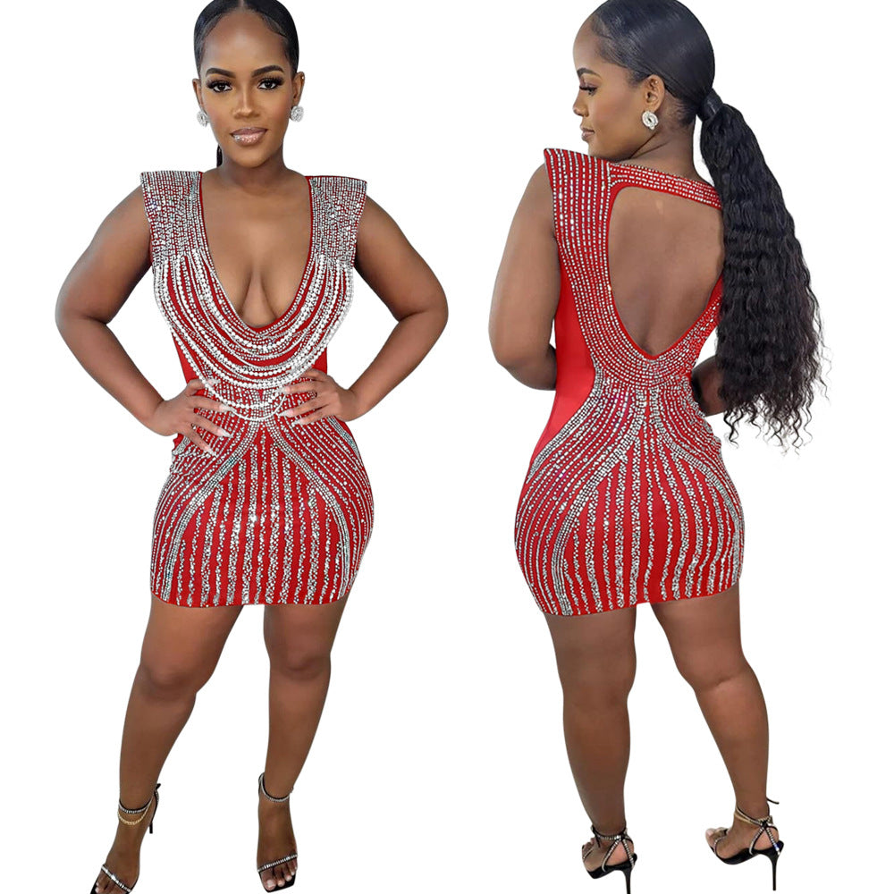 Women V-neck Sleeveless Bodycon Beaded Dress 6