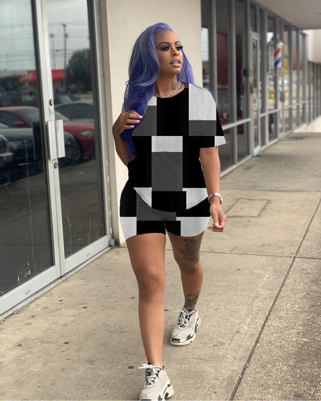 Women Casual Solid printed short-sleeved top and shorts two-piece set 9