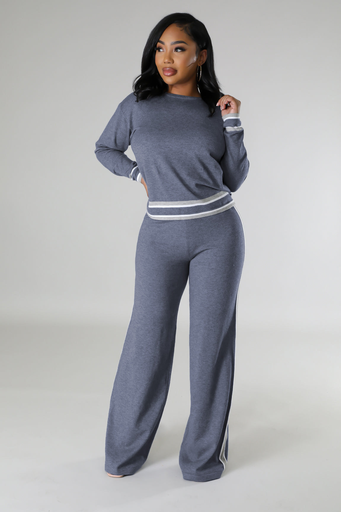 Women's Autumn And Winter Long-Sleeved Knitting Shirt Wide-Leg Trousers Casual Two-Piece Set 3