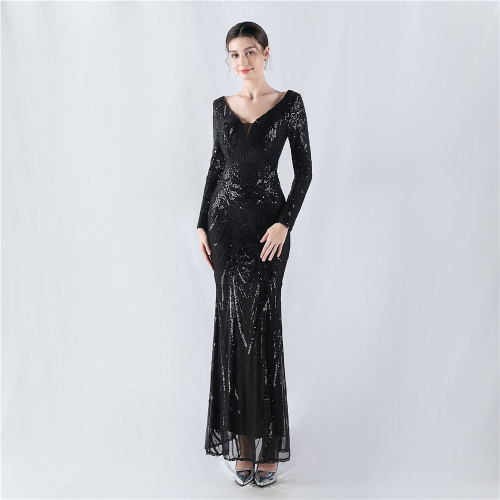 V-Neck Long Sleeve Sequins Plus Size Formal Party Evening Dress 5