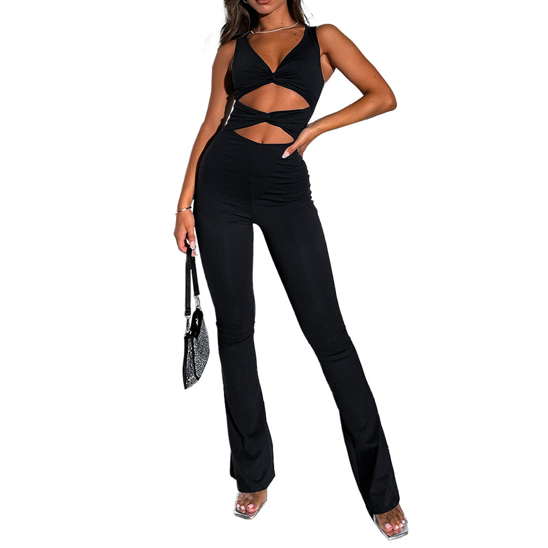 Women Solid Color Slim Cut Out Knot Bell Bottom Jumpsuit 9