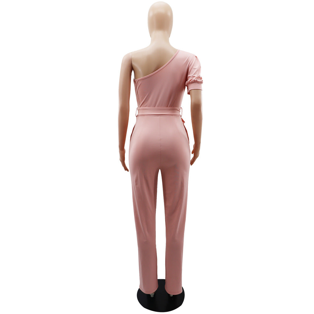 Fashion One Shoulder High Waist Low Back Slim Fit One Piece Trousers Women's Jumpsuit 15