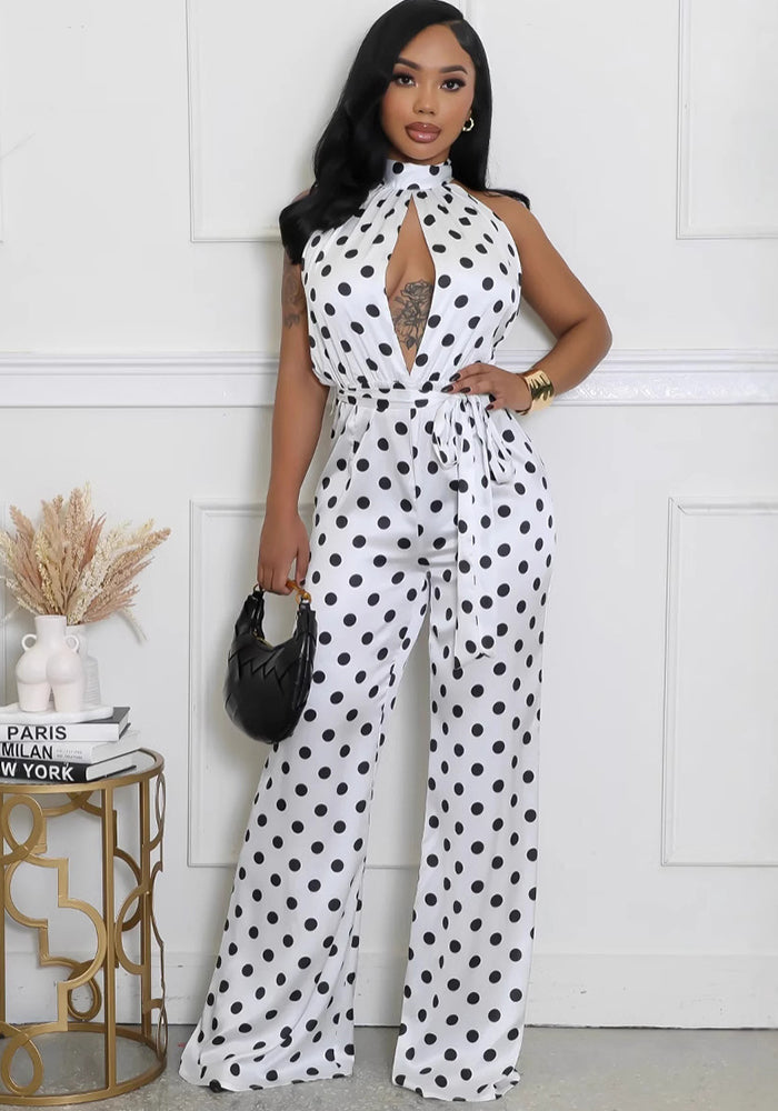 Women Sleeveless Halter Neck Lace-Up Polka Dot Jumpsuit