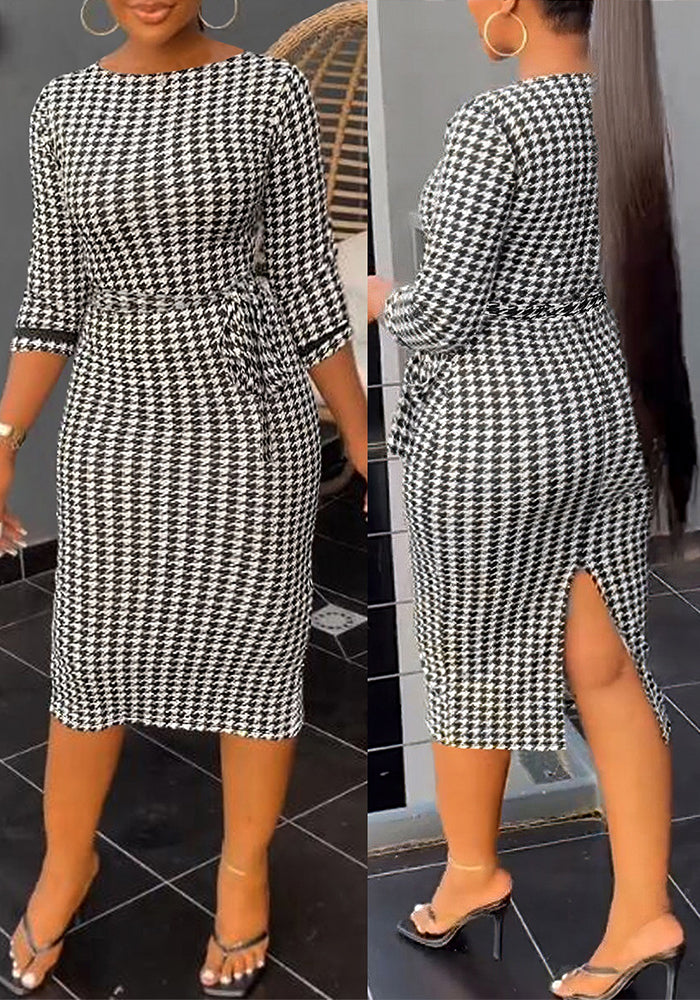 Women Sexy Printed Elastic Black and White Plaid Bodycon Dress