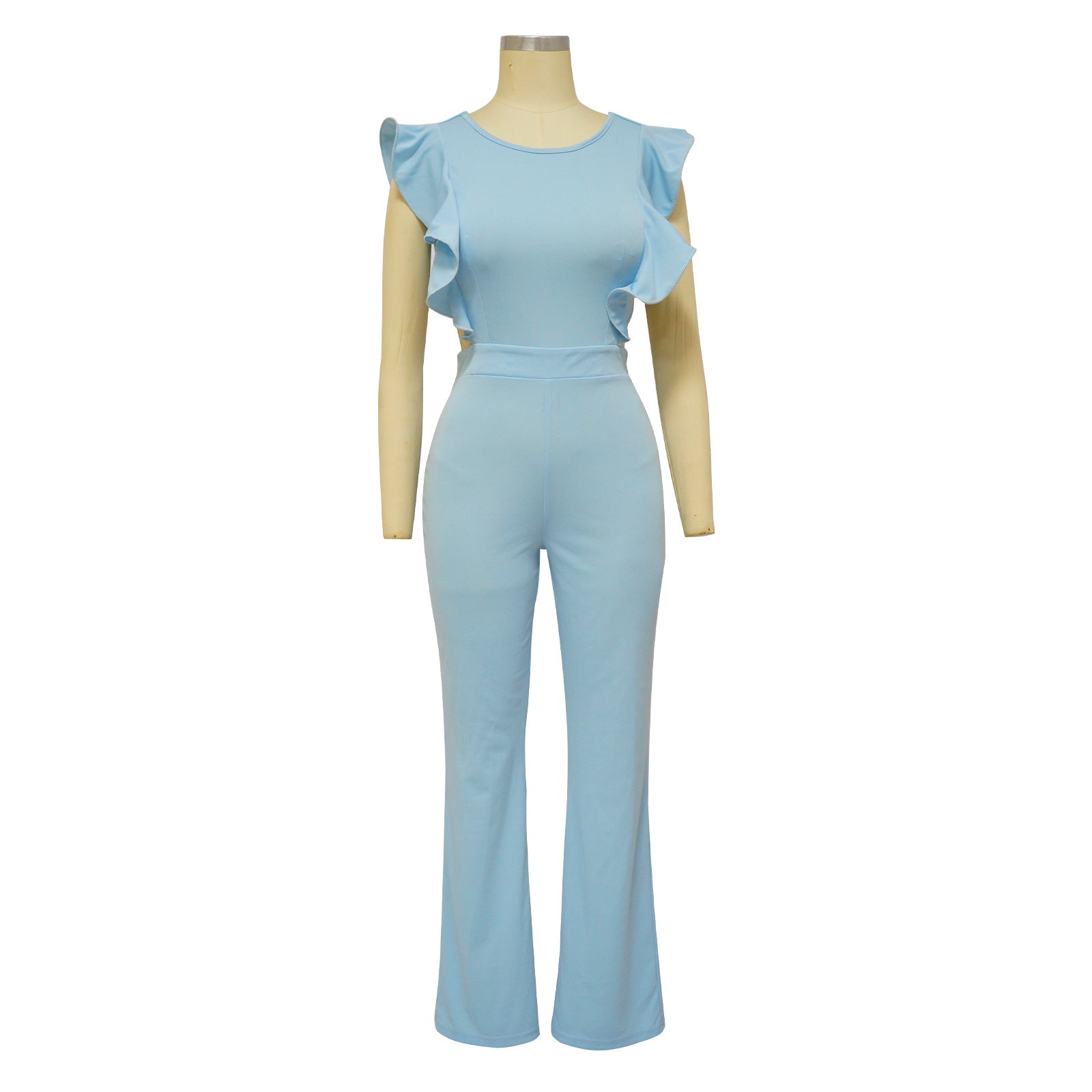 Women Summer Ruffle Round Neck Solid Jumpsuit 19