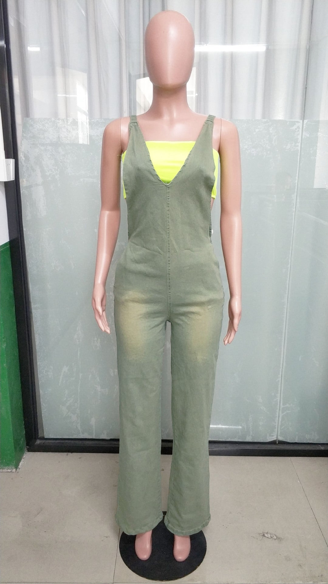 Women Stretchy Washed Denim Strapless Wide-Leg Jumpsuit 4