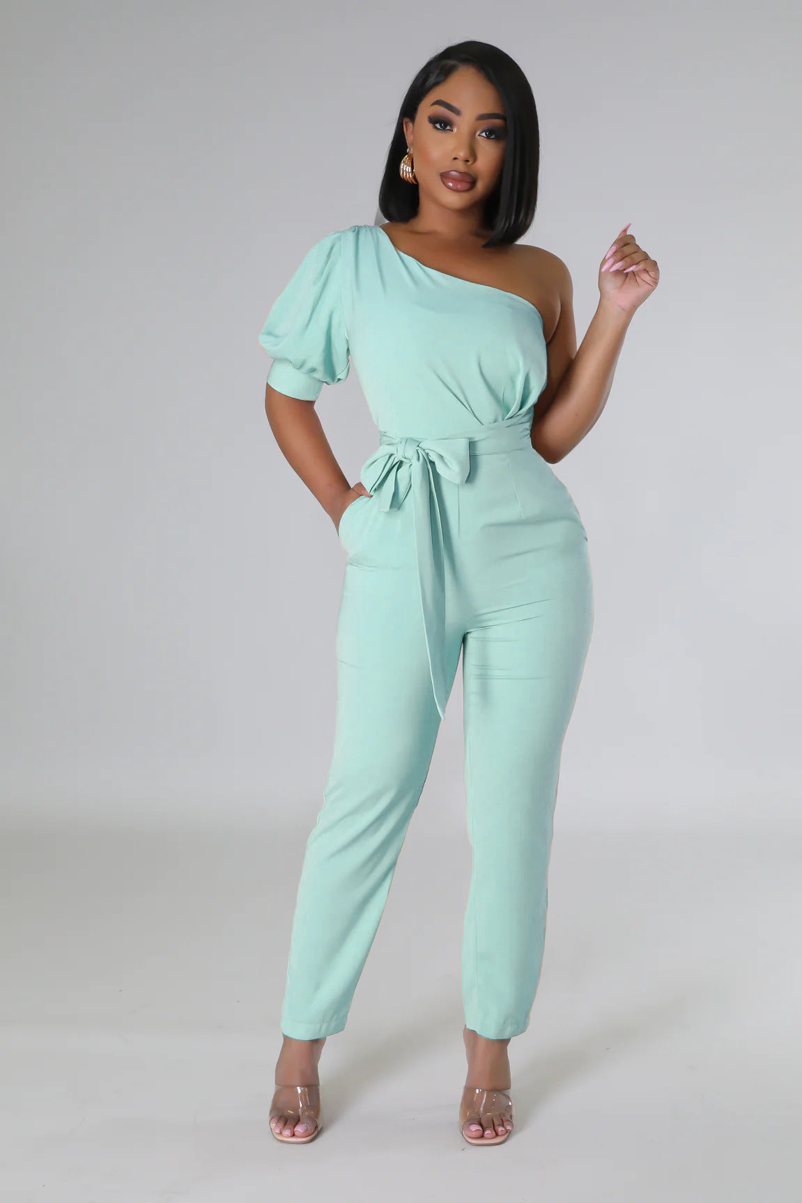 Fashion One Shoulder High Waist Low Back Slim Fit One Piece Trousers Women's Jumpsuit 4