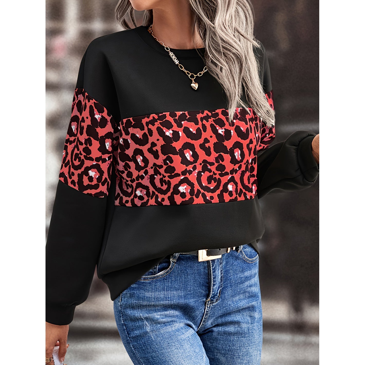 Women Autumn Loose Round Neck Long Sleeve Leopard Patchwork Top 11