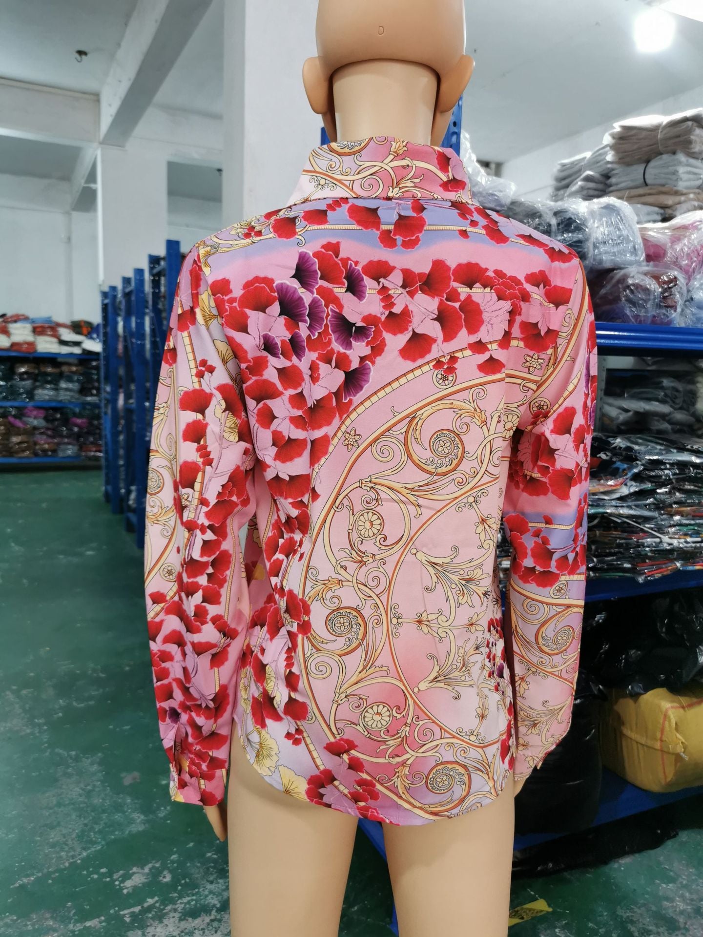 Women Long Sleeve Turndown Collar Button Print Shirt 14