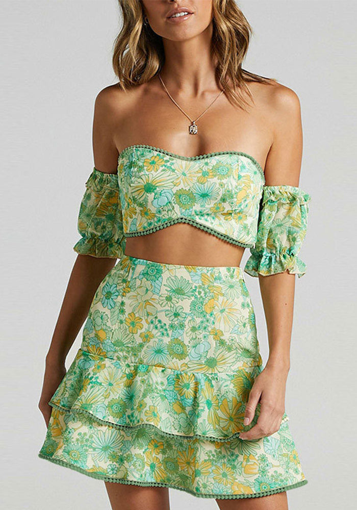 Women Sexy Printed Puff Sleeve Top and Skirt Casual Two-piece Set